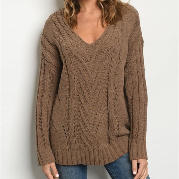 MOCHA KNIT V NECK SWEATER TUNIC TOP - Picture 2 of 5